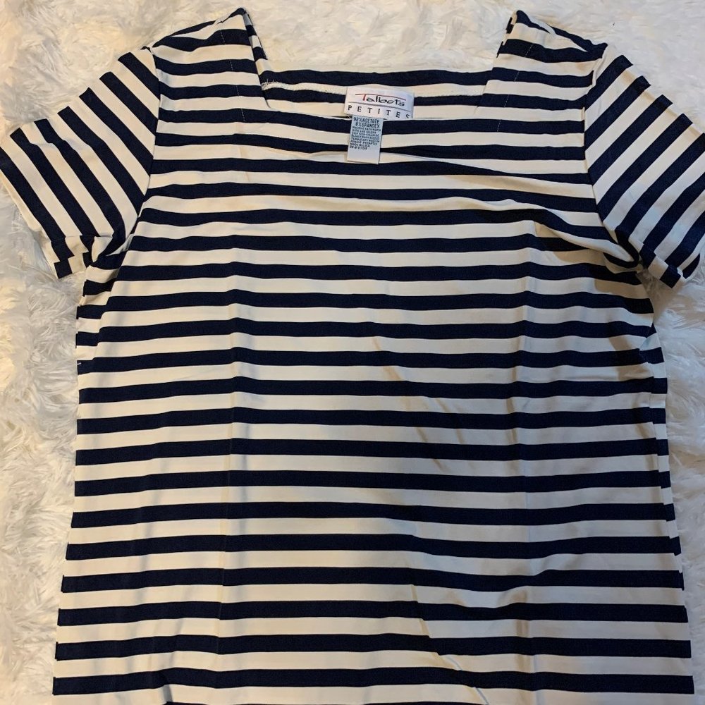 TALBOTS Navy White Stripe Short Sleeve Top Size Me